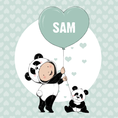 Geboortekaartje jongen in mint met baby, pandabeer en hartballon