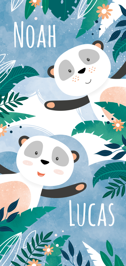 Blauw geboortekaartje tweeling jungle met panda's