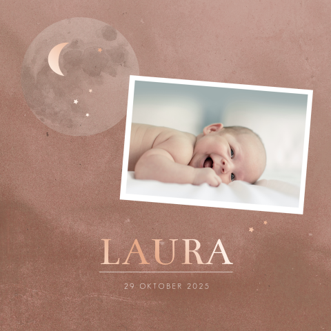 Foto geboortekaartje meisje maan met sterren folie