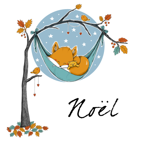Herfst geboortekaartje met slapend vosje, beer en vogeltjes