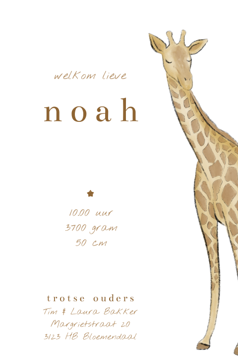 Geboortekaartje giraf op een warme bruine achtergrond met foliedruk