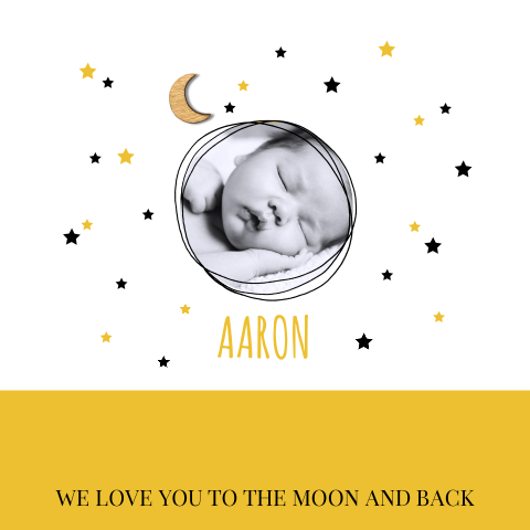 Geboortekaartje jongen met houten maan en sterretjes