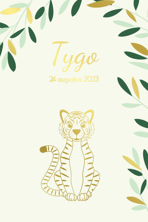 Hip geboortekaartje voor een jongen met tijger en foliedruk