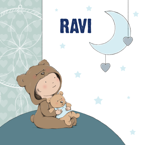 Illustratief geboortekaartje met jongetje met beer en maan