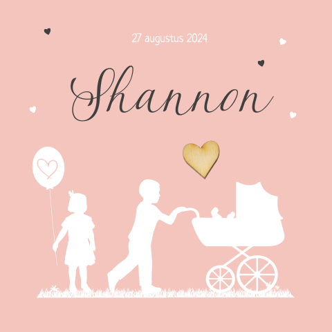 Geboortekaartje meisje derde kindje met silhouet en houten hartje