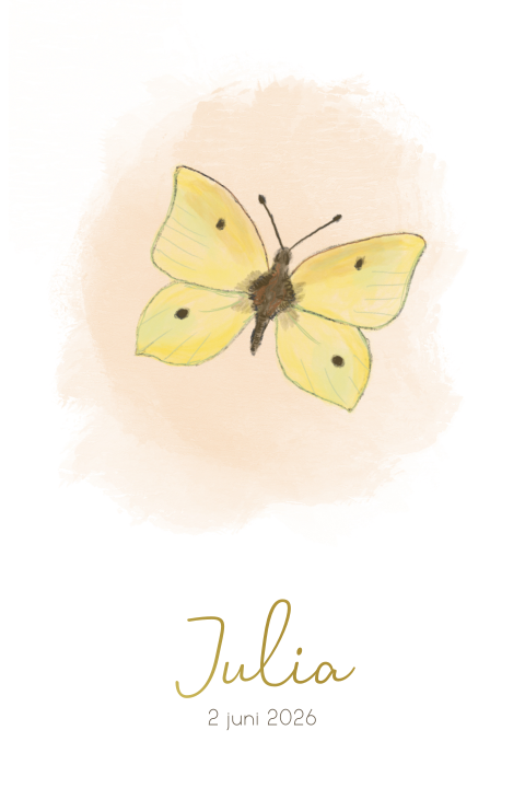 Geboortekaartje meisje gele vlinder en foliedruk