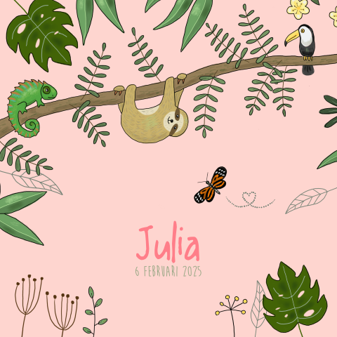 Geboortekaartje meisje jungle, kameleon, luiaard en toekan
