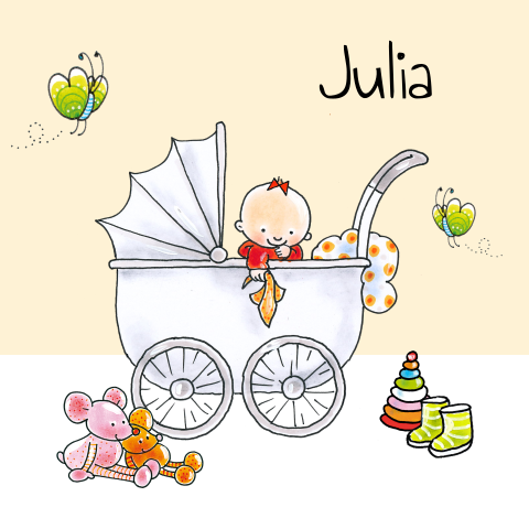 Vrolijk geboortekaartje met kinderwagen door Pauline Oud