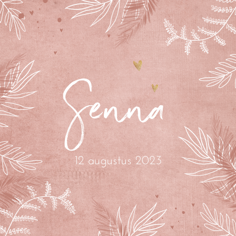 Geboortekaartje meisje met takjes hartjes en oud roze achtergrond