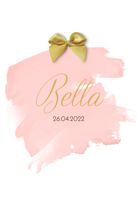 Geboortekaartje voor meisje met roze watercolour en gouden strikje
