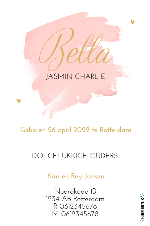 Geboortekaartje voor meisje met roze watercolour en gouden strikje