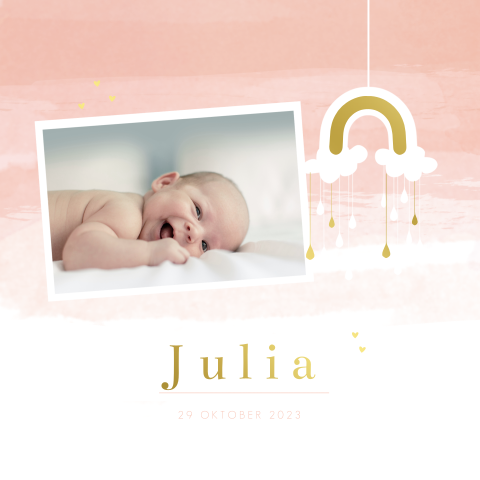 Foto geboortekaartje meisje regenboog hanger foliedruk