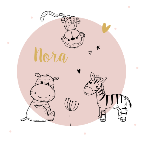 Geboortekaartje meisje roze met nijlpaard, zebra en aapje