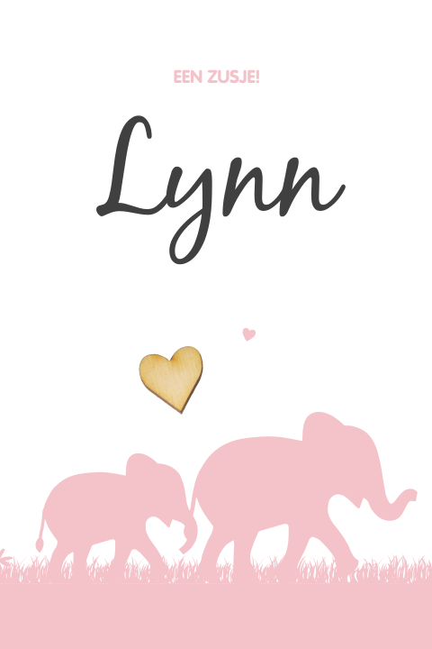 Geboortekaartje zusje met silhouet van olifantjes en houten hartje