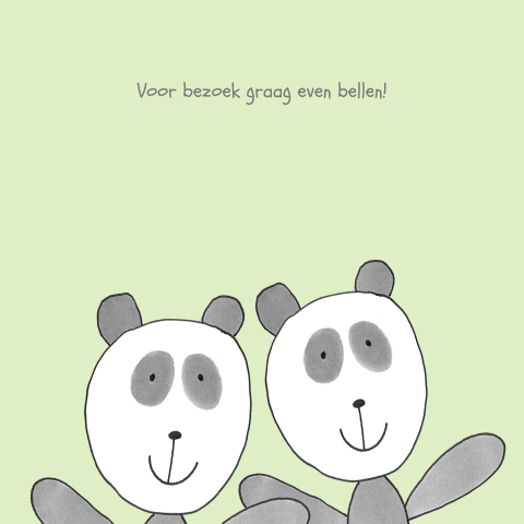 Vrolijke geboortekaart met panda tweeling