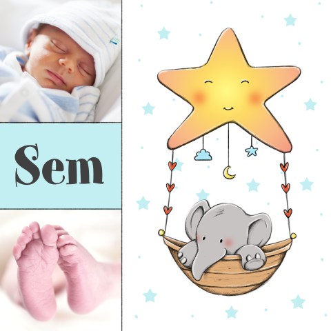 Unieke geboortekaartje met olifantje op sterrenpatroon