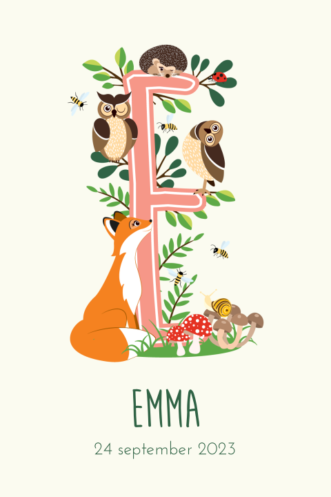 Geboortekaartje voor een meisje met alfabet letter E en vos
