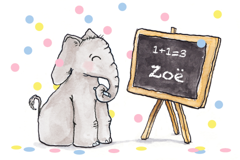 Getekend geboortekaartje meisje, olifantje met schoolbord en confetti