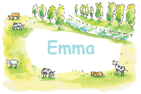 Getekend geboortekaartje meisje, weiland met dieren, bomen en kanaal