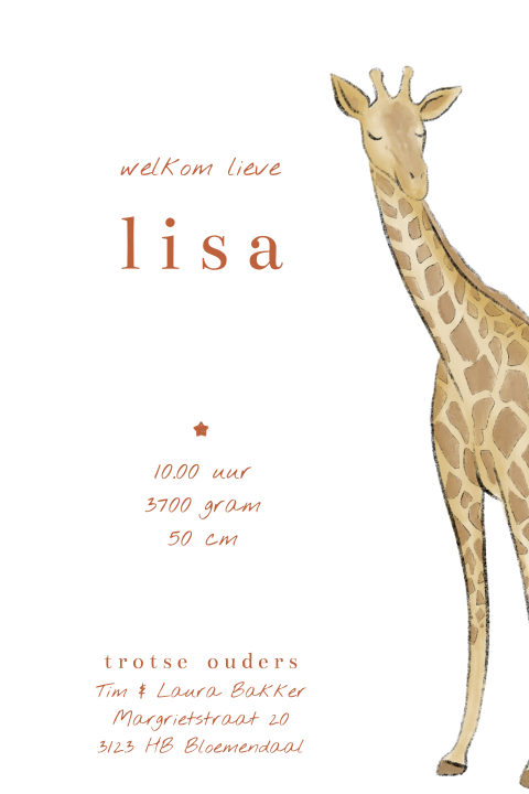 Giraffen geboortekaartje voor een meisje met foliedruk