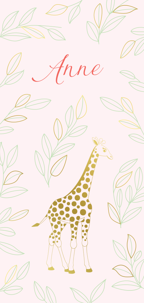 Hip geboortekaartje voor een meisje met giraffe en foliedruk