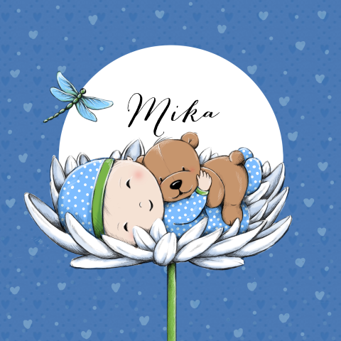 Getekende geboortekaart voor baby met beer op bloemetje