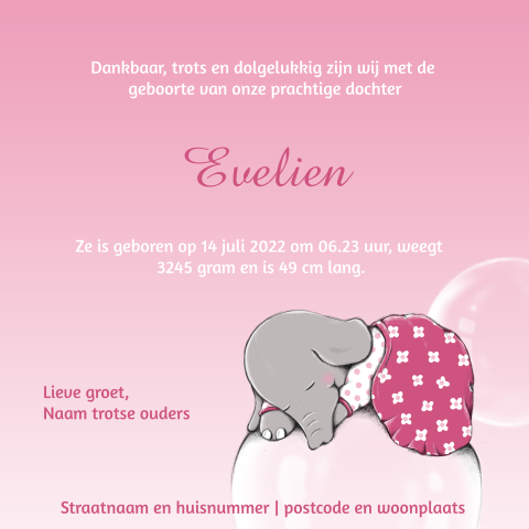 Dromerig geboortekaartje met slapend olifantje
