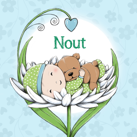 Lief geboortekaartje met  baby en beer op bloem