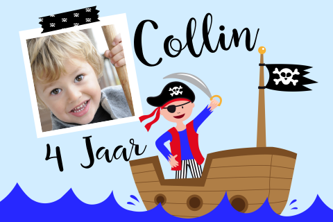 Stoere uitnodiging kinderfeestje 4e verjaardag jongen met piraat