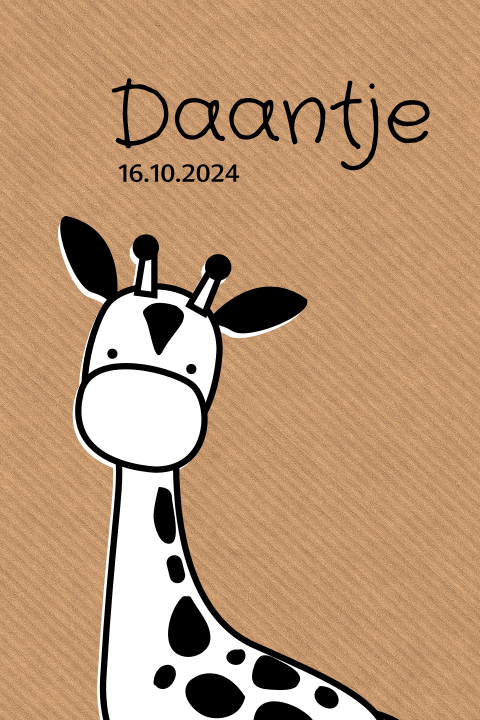 Stoer geboortekaartje met kraft achtergrond en giraf