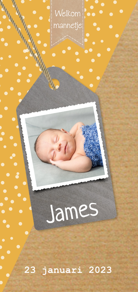 Langwerpig foto geboortekaartje jongen met karton en label