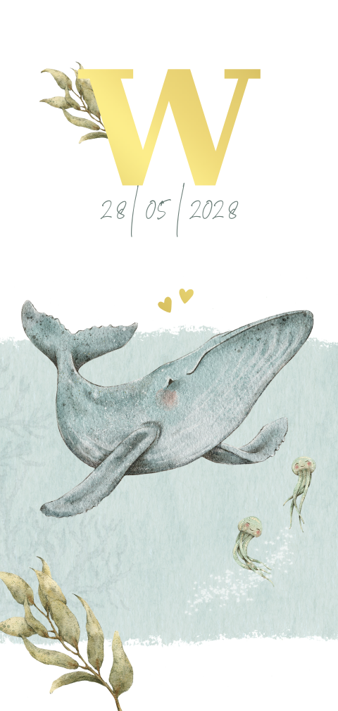 Langwerpig geboortekaartje met lief walvisje in het water