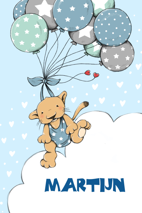 Lief geboortekaartje met leeuw aan ballonnen en hartjes