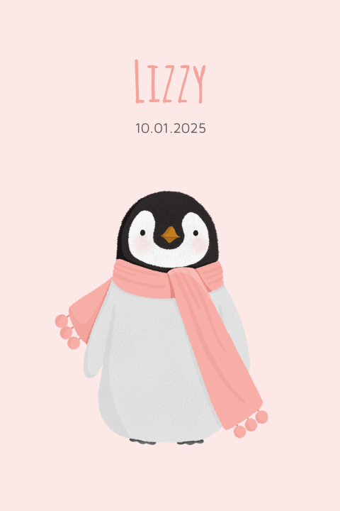 Lief geboortekaartje meisje met pinguïn met sjaal