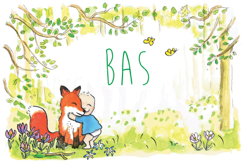 Lief geboortekaartje voor een jongen met kindje en vos in het bos