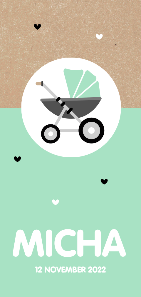 Geboortekaartje voor jongen - Mint met kinderwagen