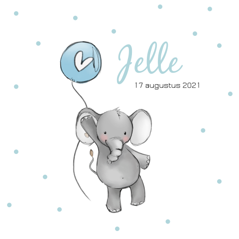Geboortekaartje met olifant, ballon en blauwe confetti