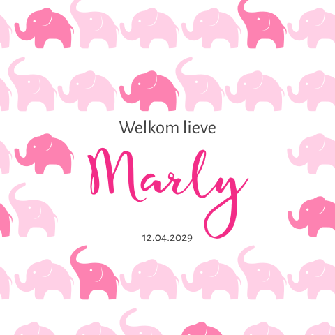 Lief geboortekaartje met patroon van roze olifantjes