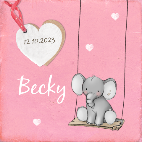 Roze geboortekaartje voor meisje met olifantje en label
