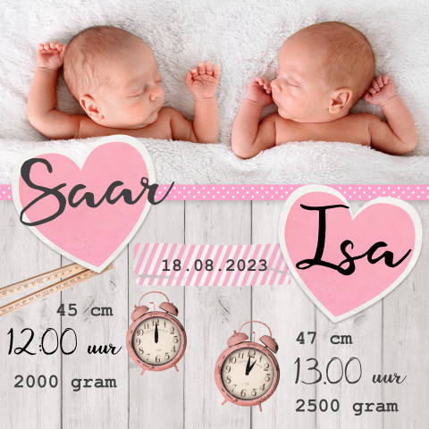 Stoer tweeling geboortekaartje - Roze hart en steigerhout