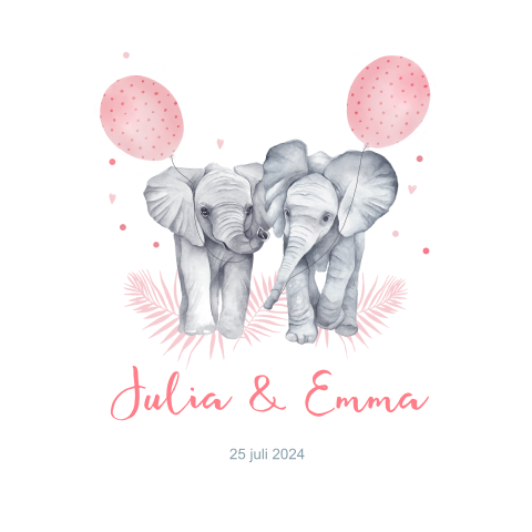 Tweeling geboortekaartje meisjes olifantjes ballonnetjes