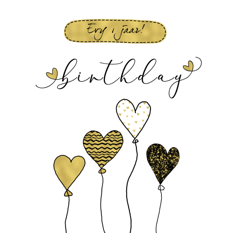 Uitnodiging 1e verjaardag hartjes ballonnen goud kleurig
