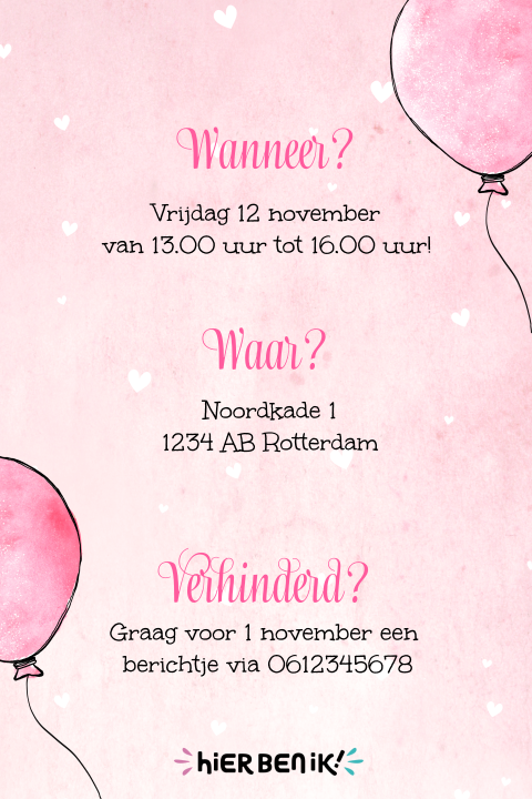 Lieve uitnodiging kinderfeestje meisje met roze watercolor en ballon