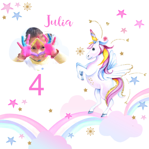 Uitnodiging kinderfeestje unicorn eenhoorn meisje en foto