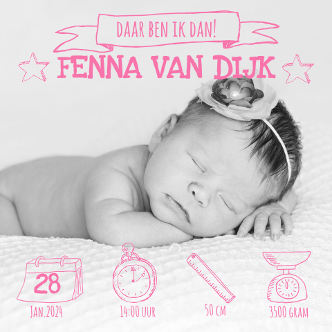 Geboortekaart meisje met pictogrammen en foto