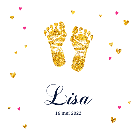 Romantisch geboortekaartje met gouden voetjes